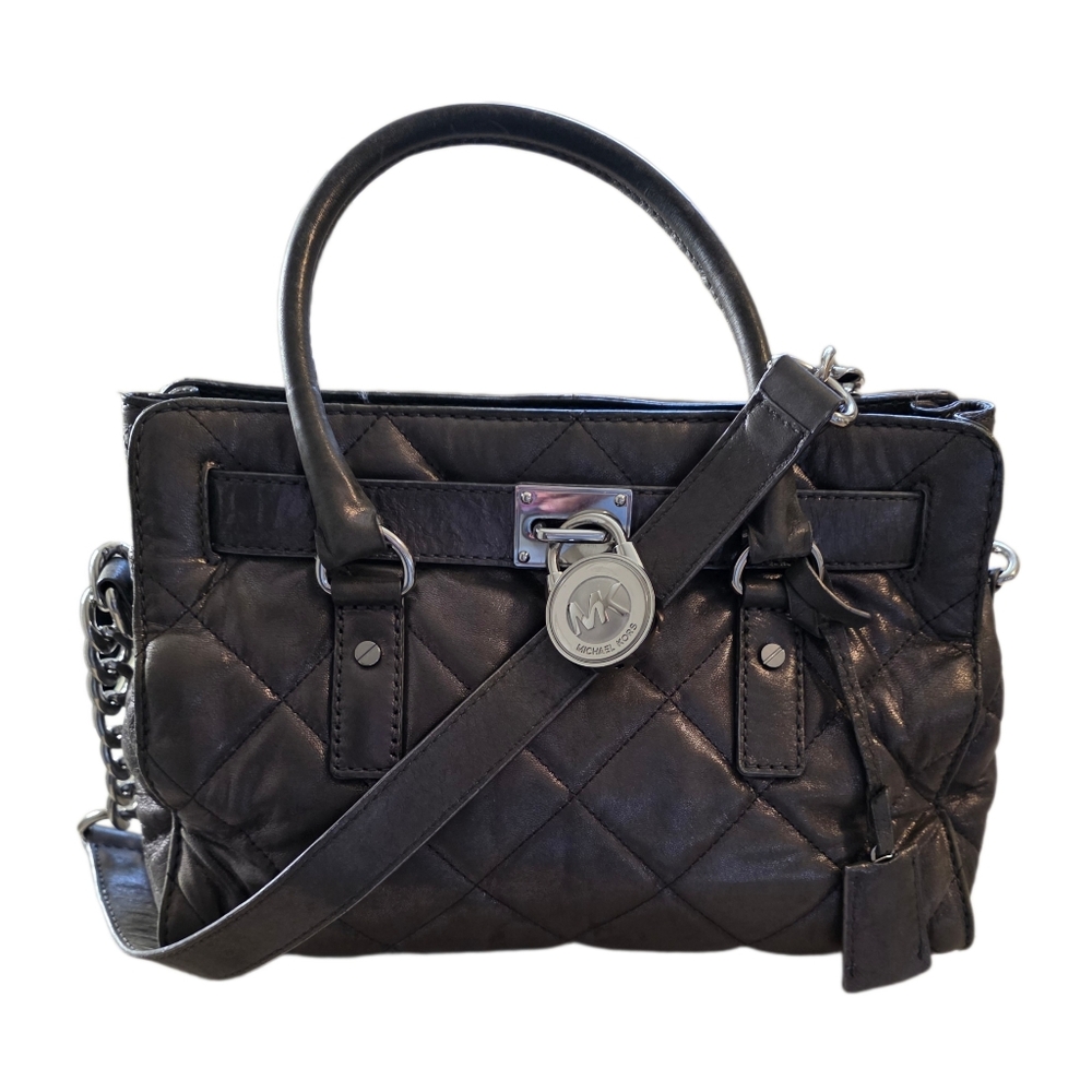 Michael Kors Hamilton Quilted Gun Metal Gray Leather Tote Shoulder Bag EUC